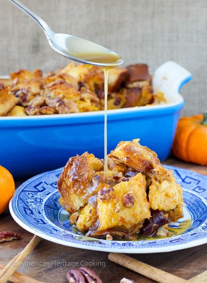 Easy Pumpkin Spice Bread Pudding with Maple Bourbon Sauce | American Heritage Cooking
